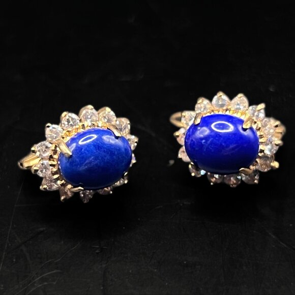 Vintage Lapis Lazuli & Swarovski Crystal Leverback Drop Earrings 18K HGE - Picture 2 of 5